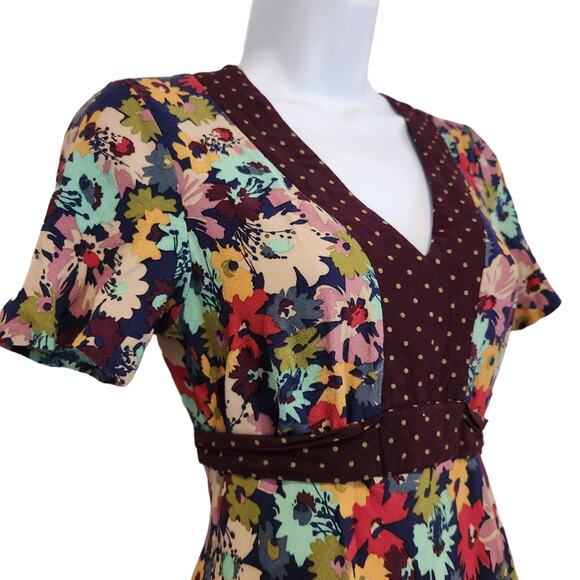 Boden Dress Size 4 Floral Tea Dress Tie Waist Short Sleeve - Picture 7 of 11